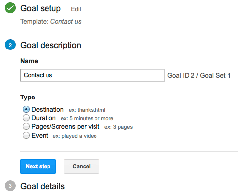 Google Analytics Goals Description screenshot