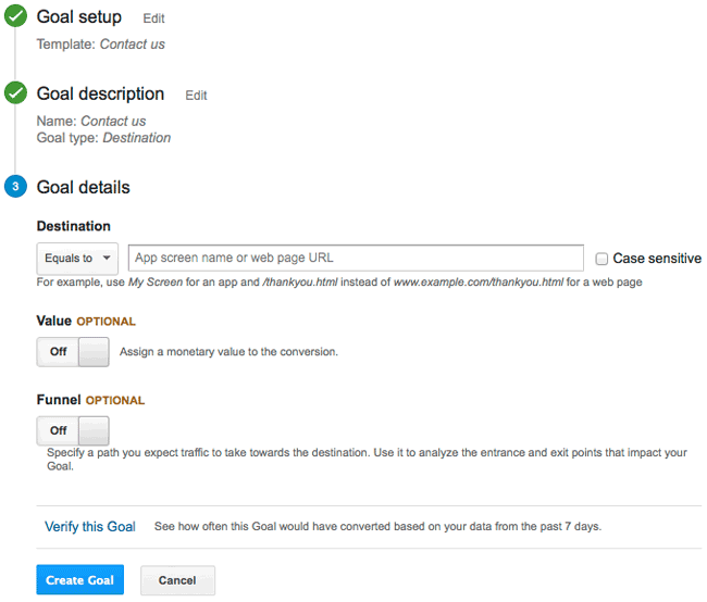 Google Analytics Goals Details Screenshot