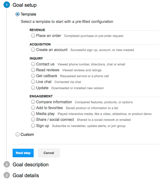 Google Analytics Goals Setup Screenshot